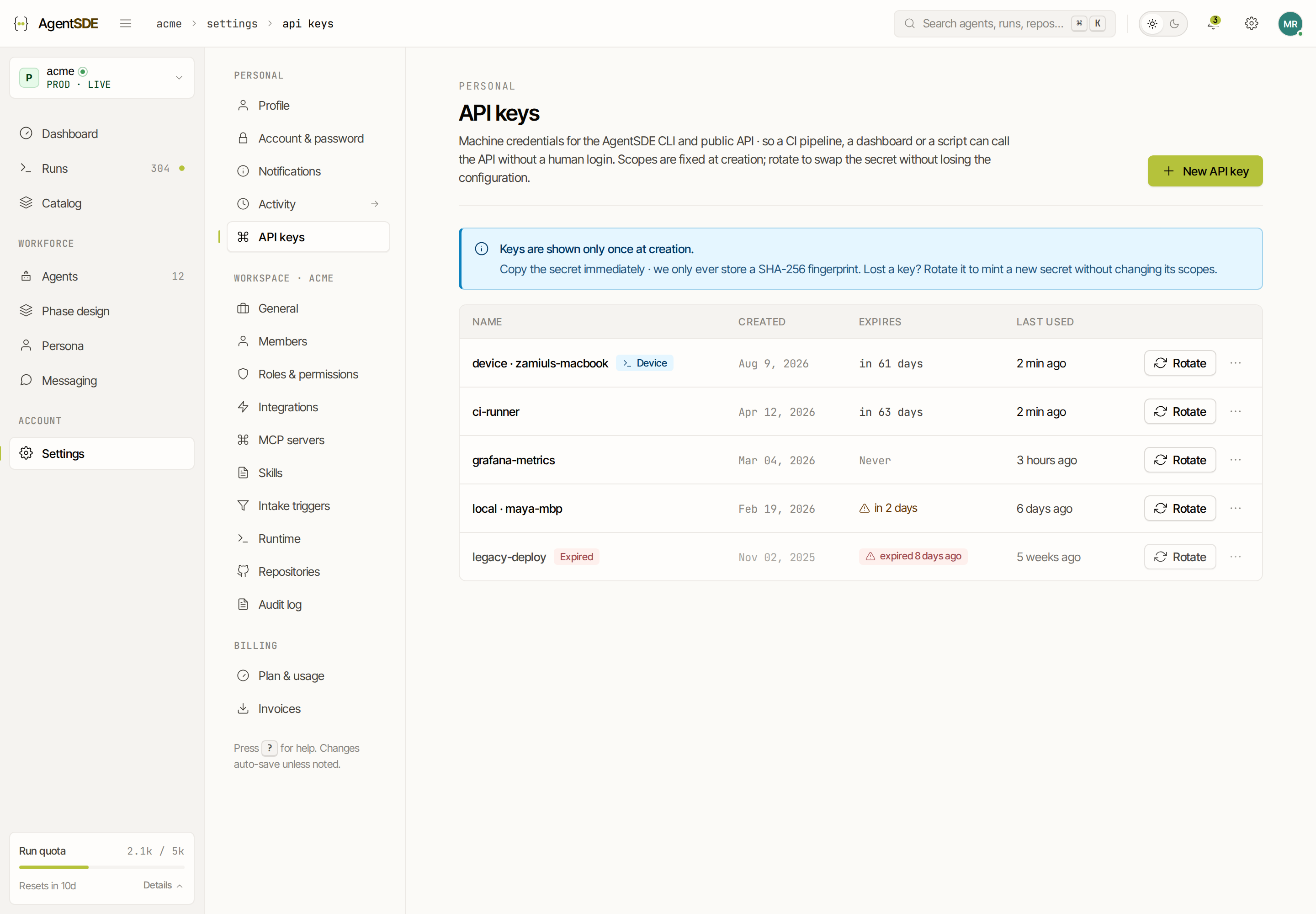 Settings → API keys: a table of machine credentials, each row showing a name, key prefix, scope summary and last-used time, with Rotate and Revoke controls; device-minted keys carry a Device badge.