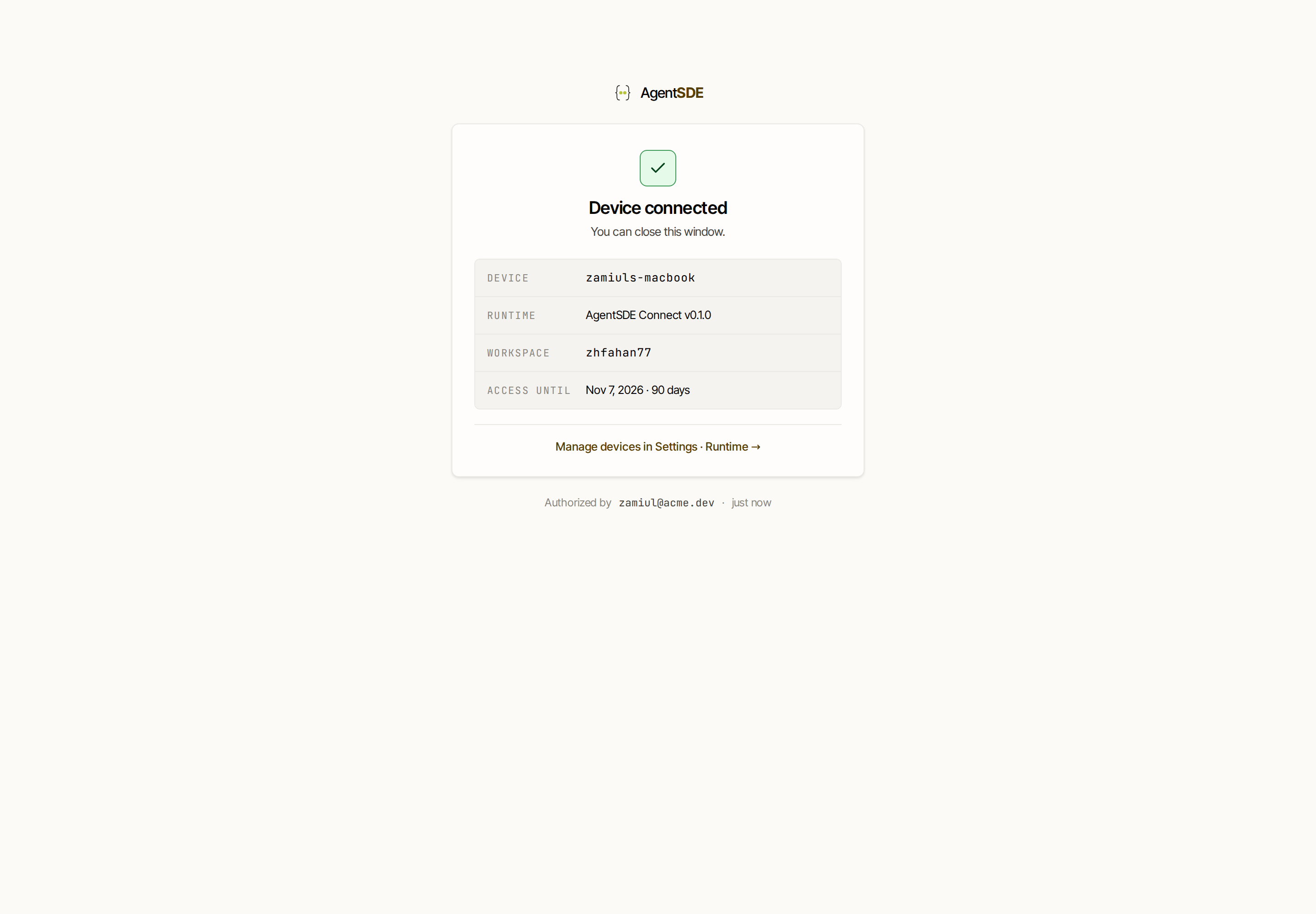 The /connect device authorization card: the requesting machine's host, OS, IP and age, a 'Run agents for' workspace picker, a read-only grant block listing what the device can do, and Deny / Approve buttons with a live request-expiry countdown.