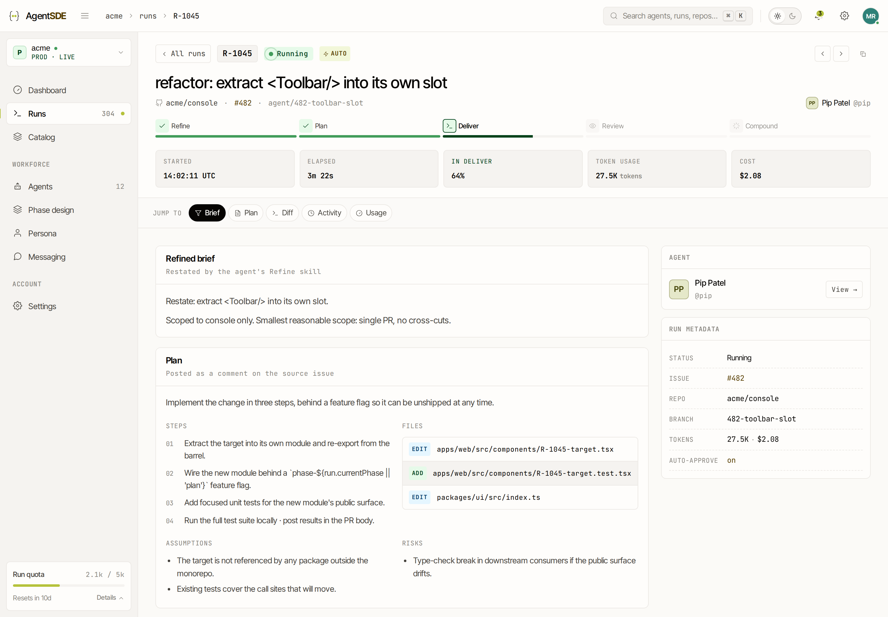 A run's detail page showing its phases, status and the run controls.