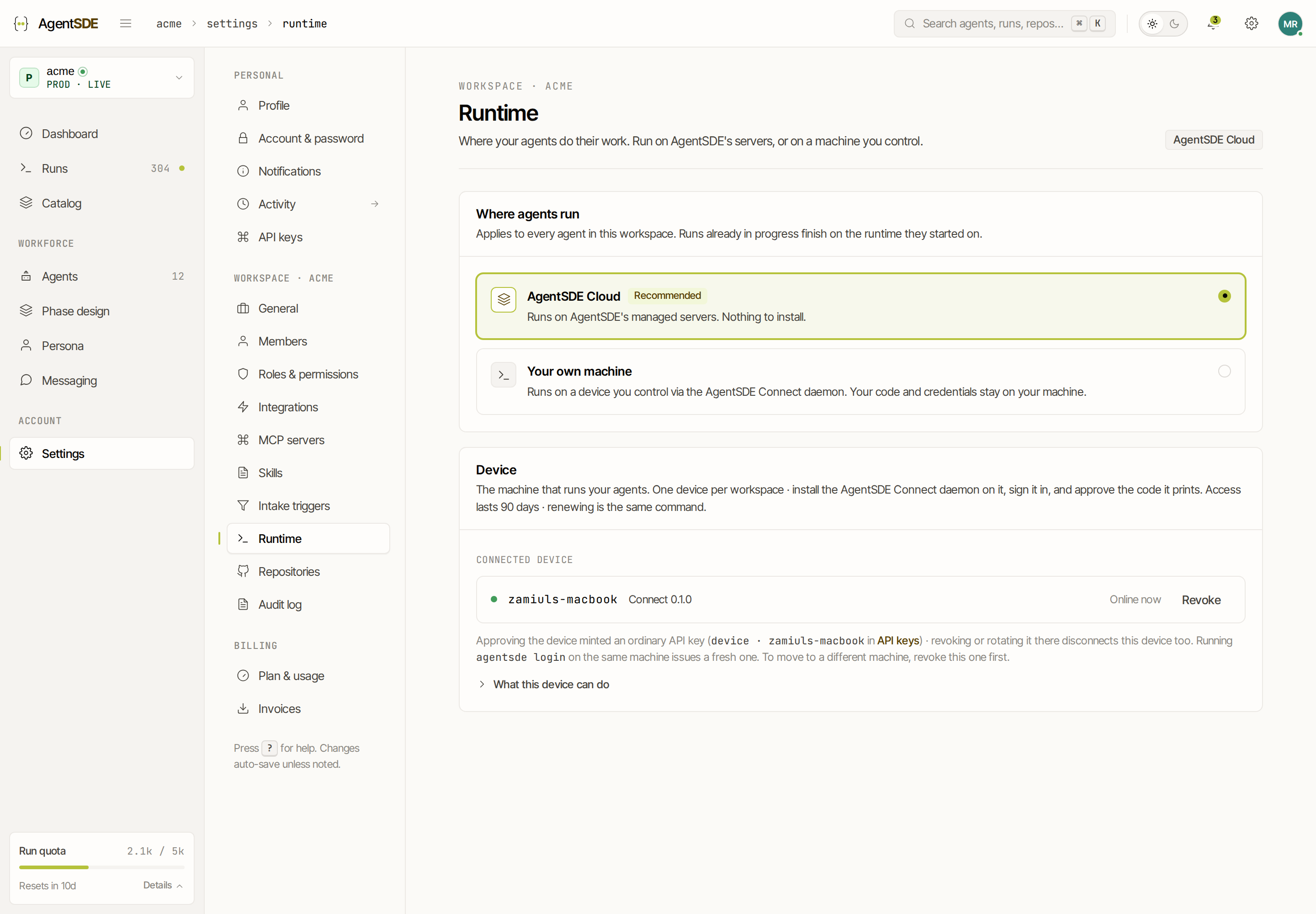Settings → Runtime in the console: two large radio cards (AgentSDE Cloud, marked Recommended, and Your own machine) above a Device section showing one connected device and the no-device-online fallback.